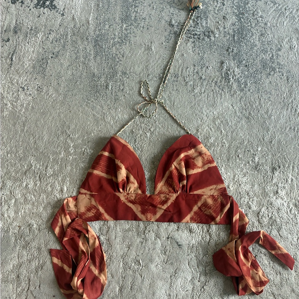 Red and Tan Striped Bikini Top